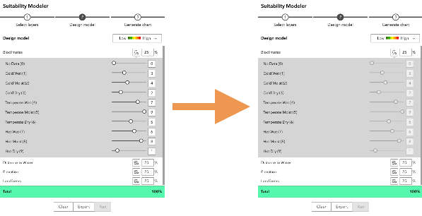Contrôles du curseur non disponibles dans le widget Suitability Modeler (Modélisateur d’adéquation) Contrôles du curseur non disponibles dans le widget Suitability Modeler (Modélisateur d’adéquation)