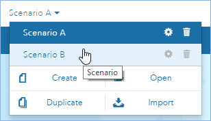 Options du menu déroulant des scénarios répertoriant les scénarios du projet