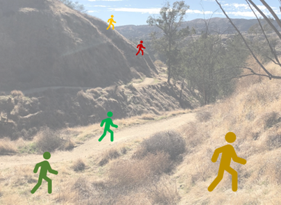 Des voyageurs parcourant des pentes et couvertures végétales variées Des voyageurs parcourant des pentes et couvertures végétales variées