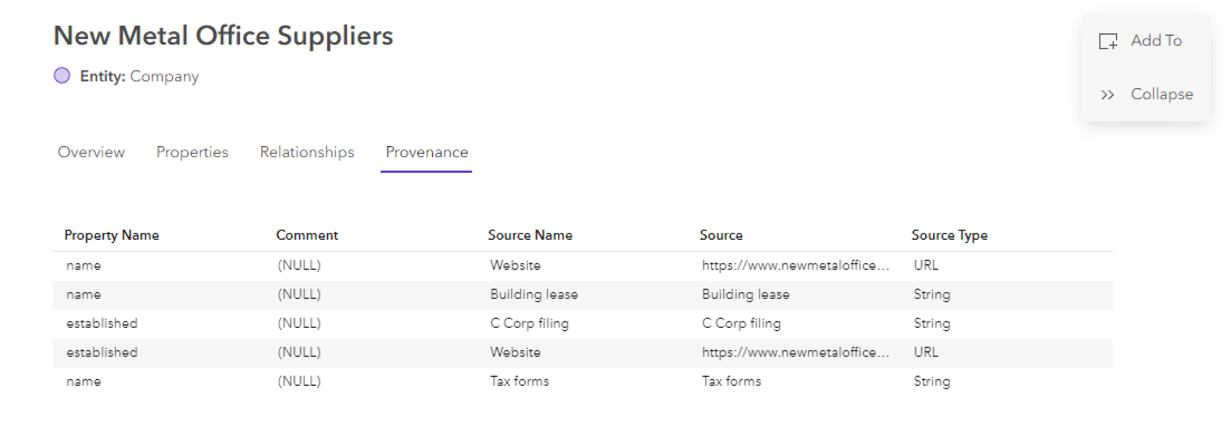 Onglet Provenance de l’entité Onglet Provenance de l’entité
