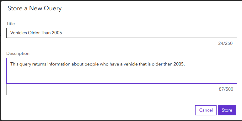 Fenêtre modale Store Query (Stocker la requête) Fenêtre modale Store Query (Stocker la requête)