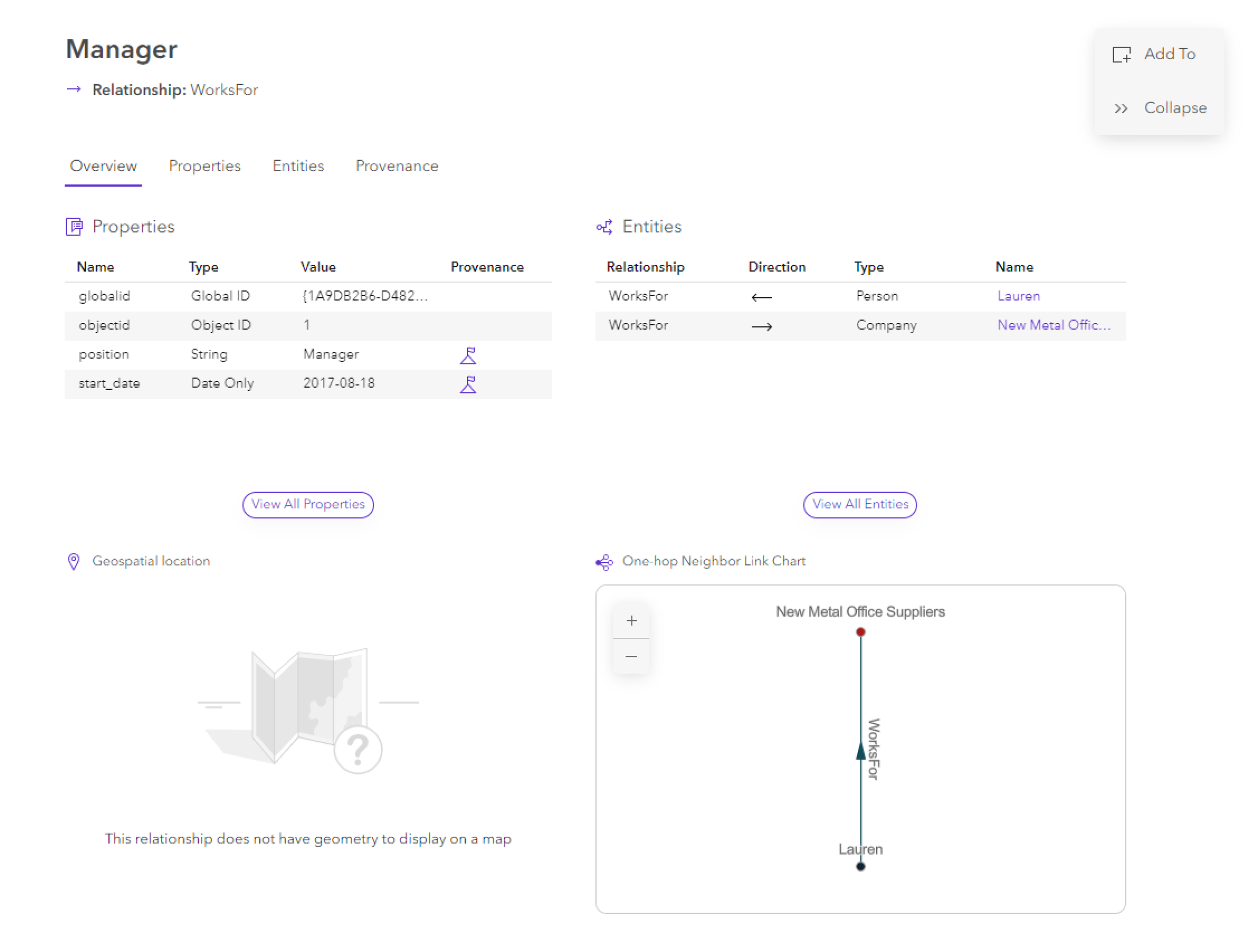 Contenu d’une relation sélectionnée dans l’onglet Overview (Vue d’ensemble) de la vue de graphe de connaissances Contenu d’une relation sélectionnée dans l’onglet Overview (Vue d’ensemble) de la vue de graphe de connaissances
