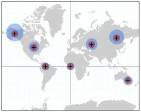 Carte du monde avec des zones tampon planaires et géodésiques autour de villes sélectionnées Carte du monde avec des zones tampon planaires et géodésiques autour de villes sélectionnées